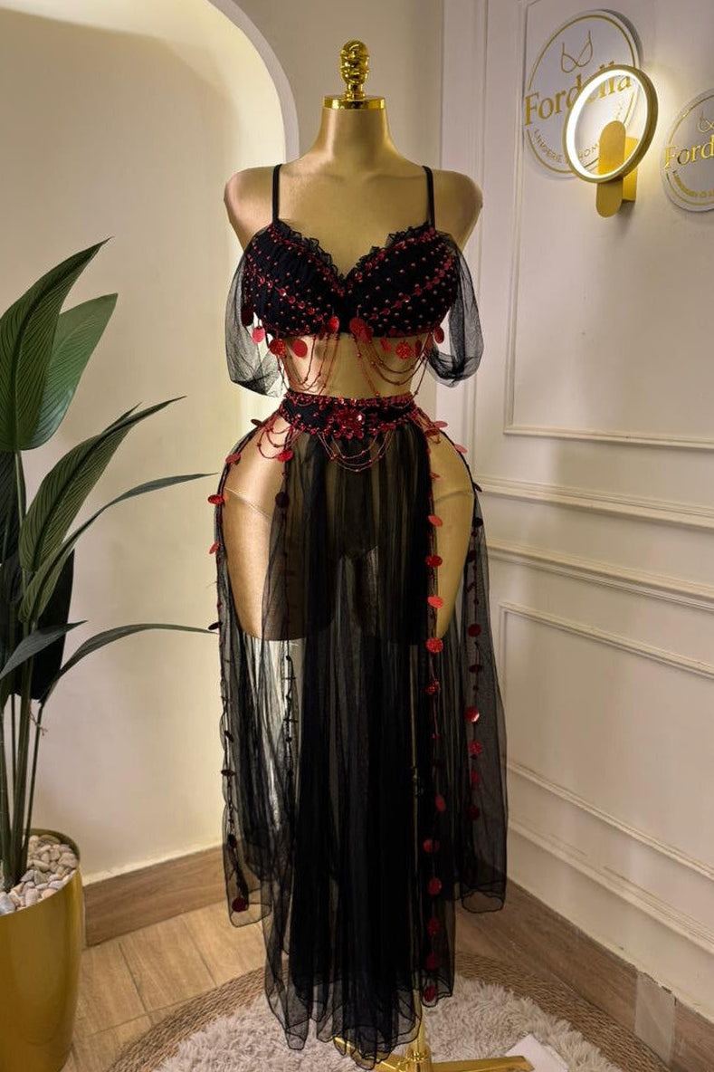Rubis Passion Noir et Rouge (2 Pièces) : Tenue de Danse Orientale
