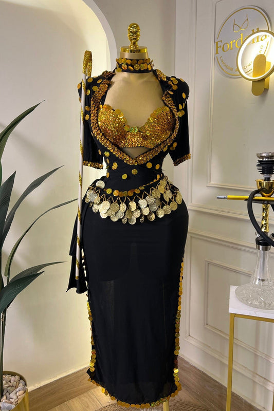 Cléopâtre Noire et Or – Costume de Danse Orientale 3 Pièces